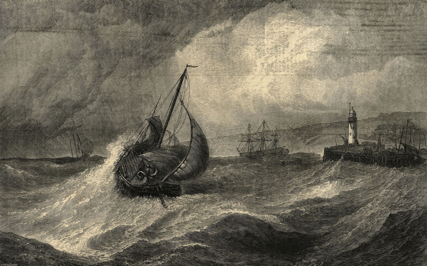 Freshening gale, Scarborough. Fishing boats returning to harbour. Yorkshire 1871